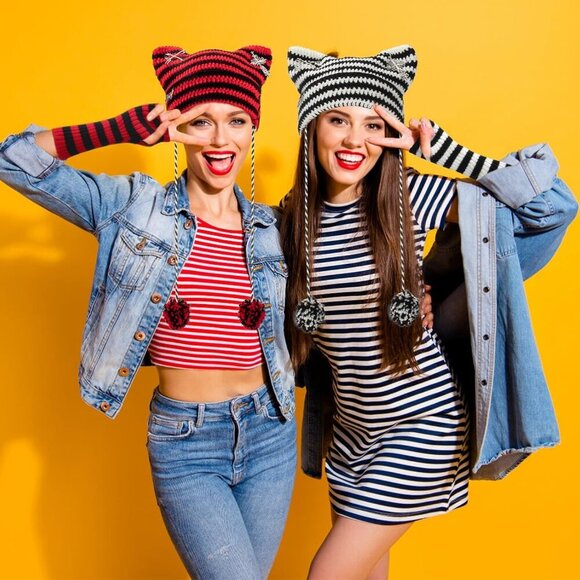 Crochet Hats for Women, Cat Beanie Y2K Beanies Grunge Accessories with Arm Warme - Picture 2 of 7